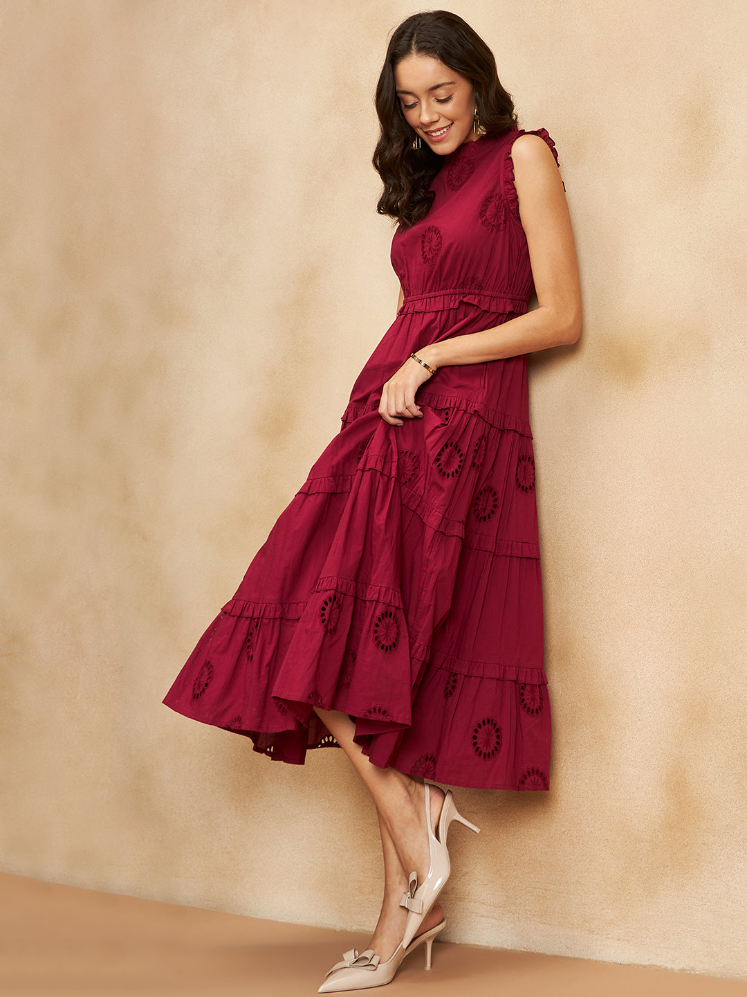 Red Cotton Schiffli Tier Maxi Dress