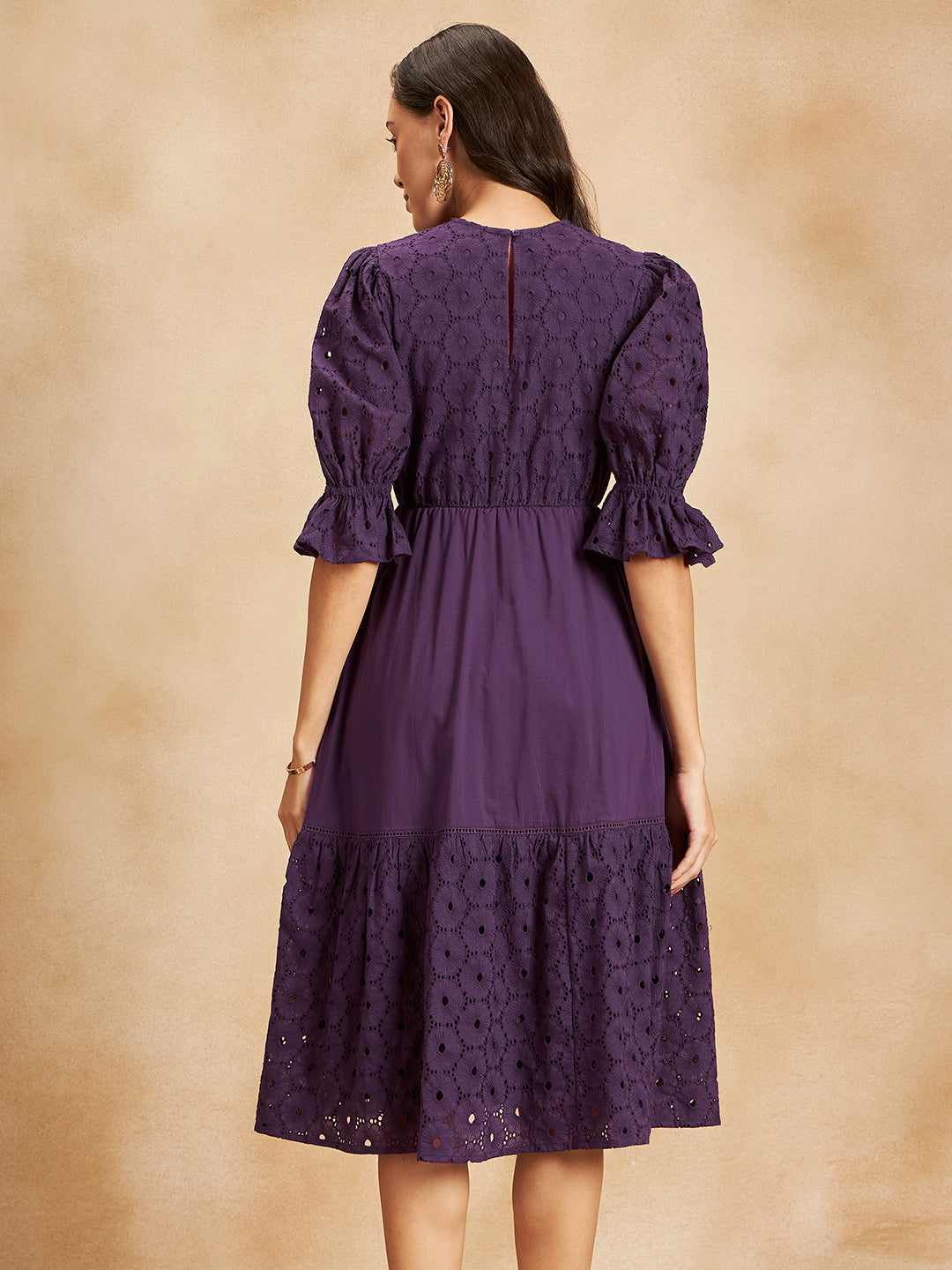 Plum Cotton Schiffli Tiered Midi Dress