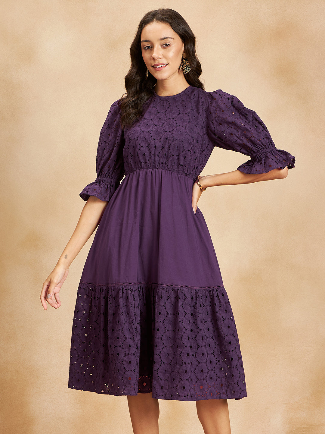 Plum Cotton Schiffli Tiered Midi Dress