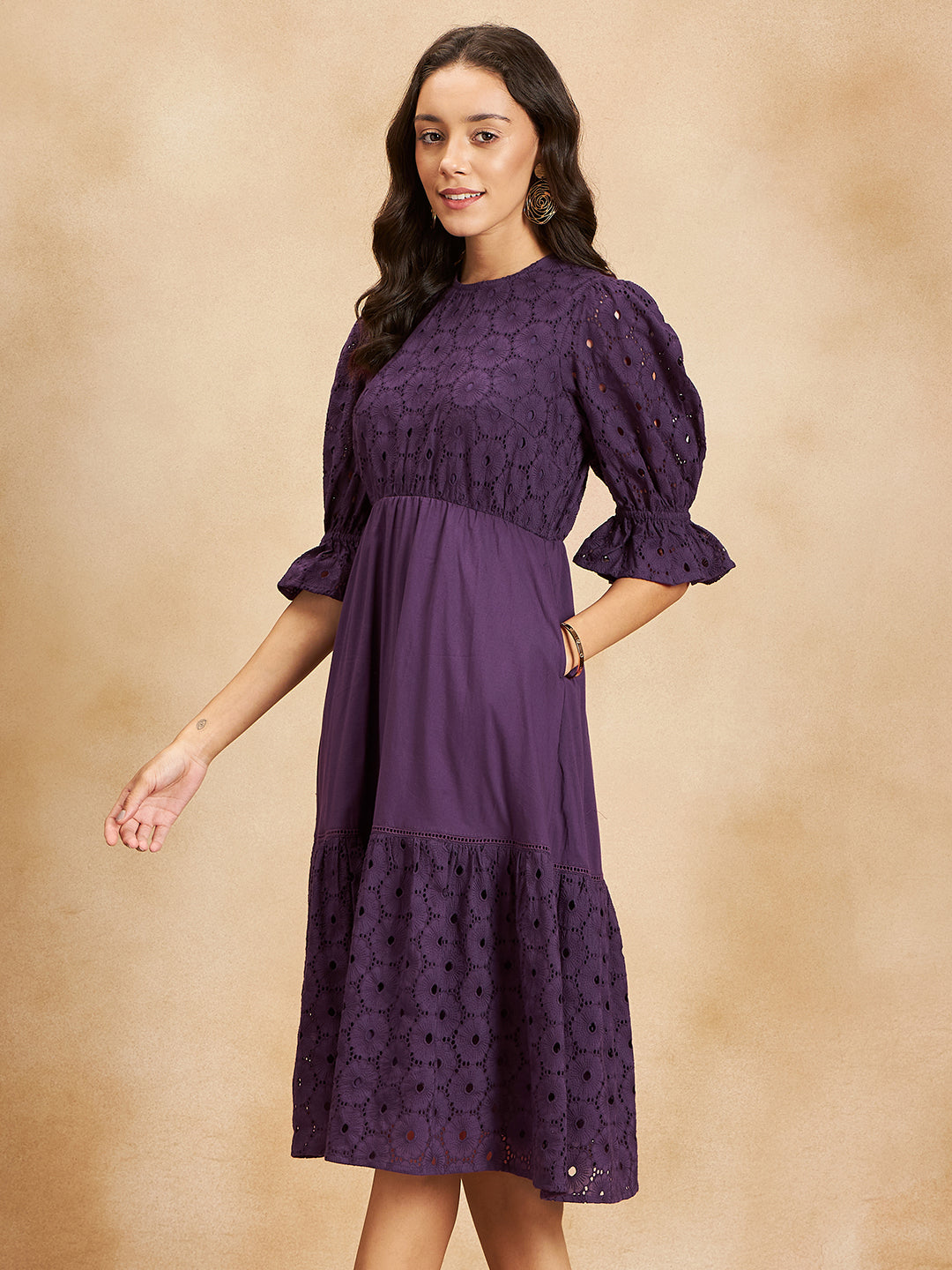 Plum Cotton Schiffli Tiered Midi Dress