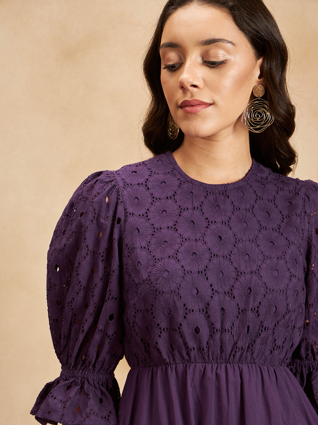 Plum Cotton Schiffli Tiered Midi Dress