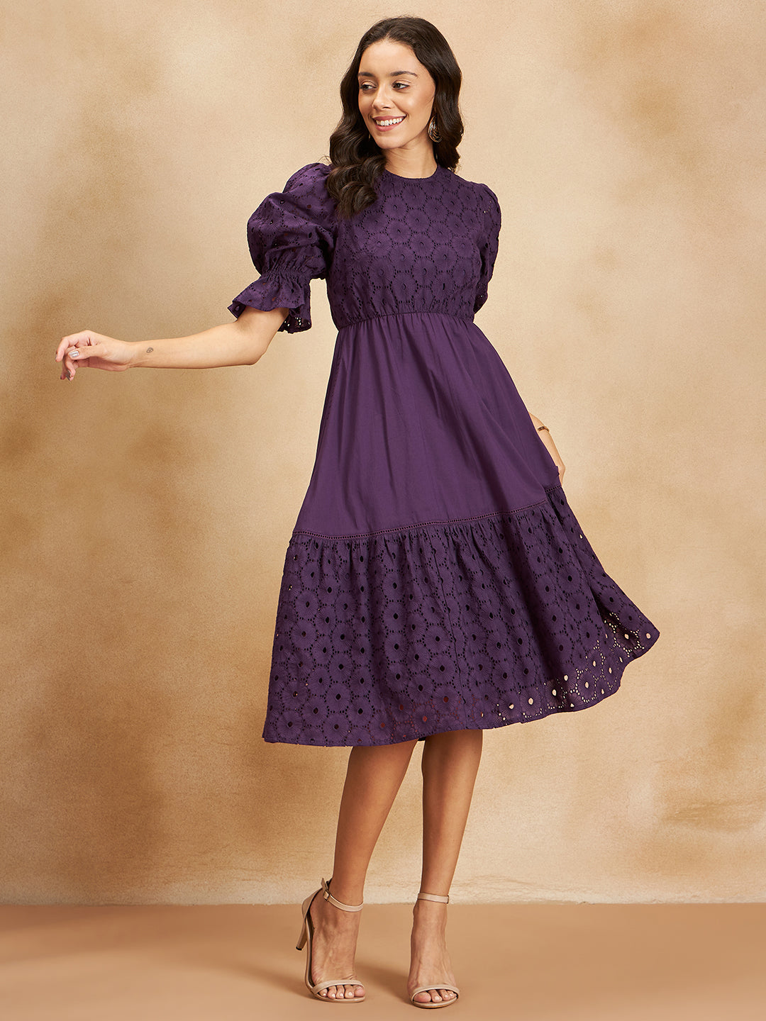 Plum Cotton Schiffli Tiered Midi Dress