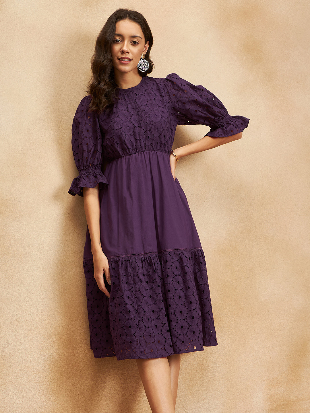 Plum Cotton Schiffli Tiered Midi Dress