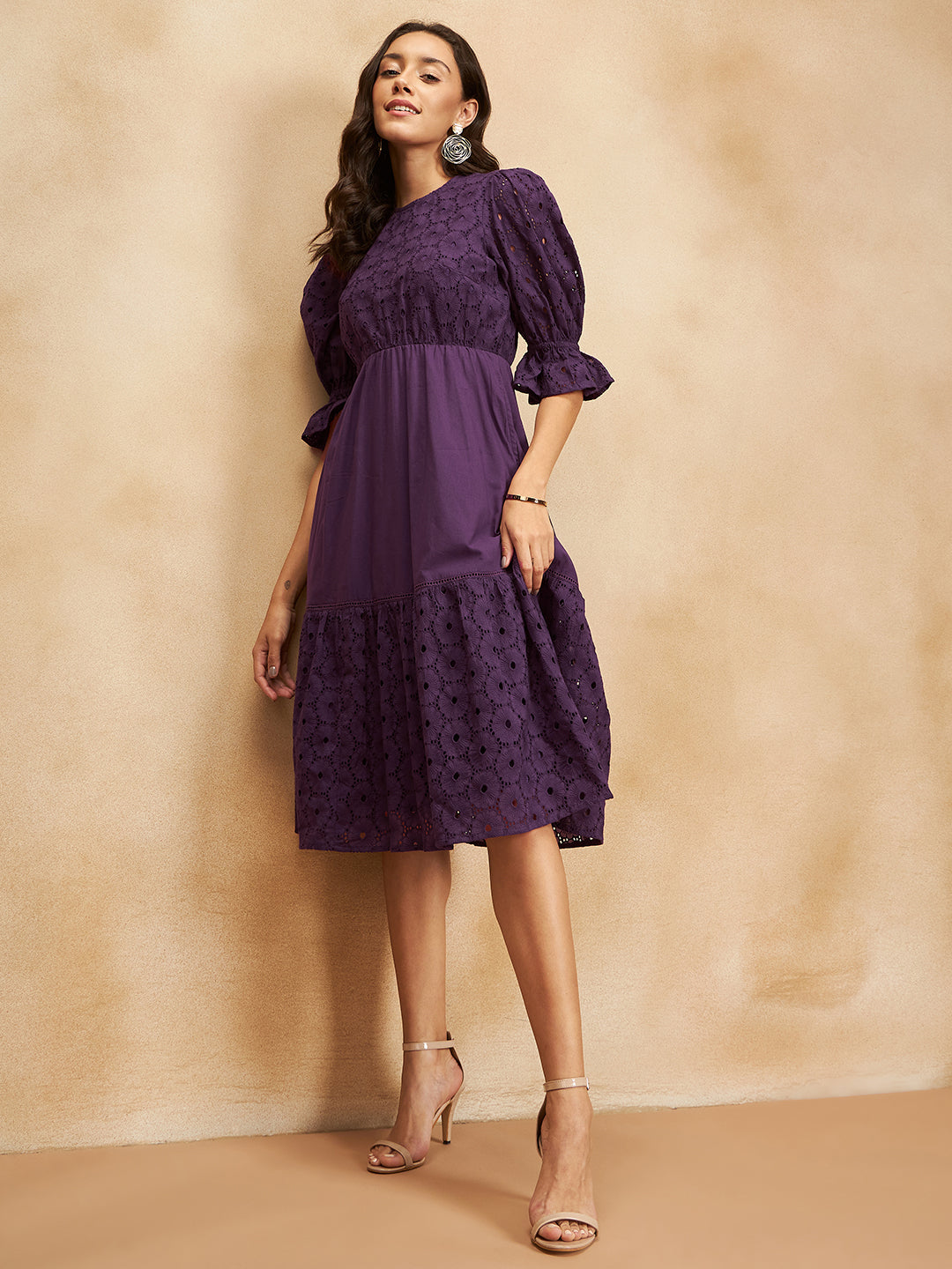 Plum Cotton Schiffli Tiered Midi Dress