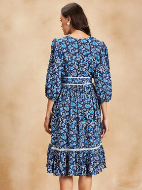 Navy And White Floral Belted Midi Dress