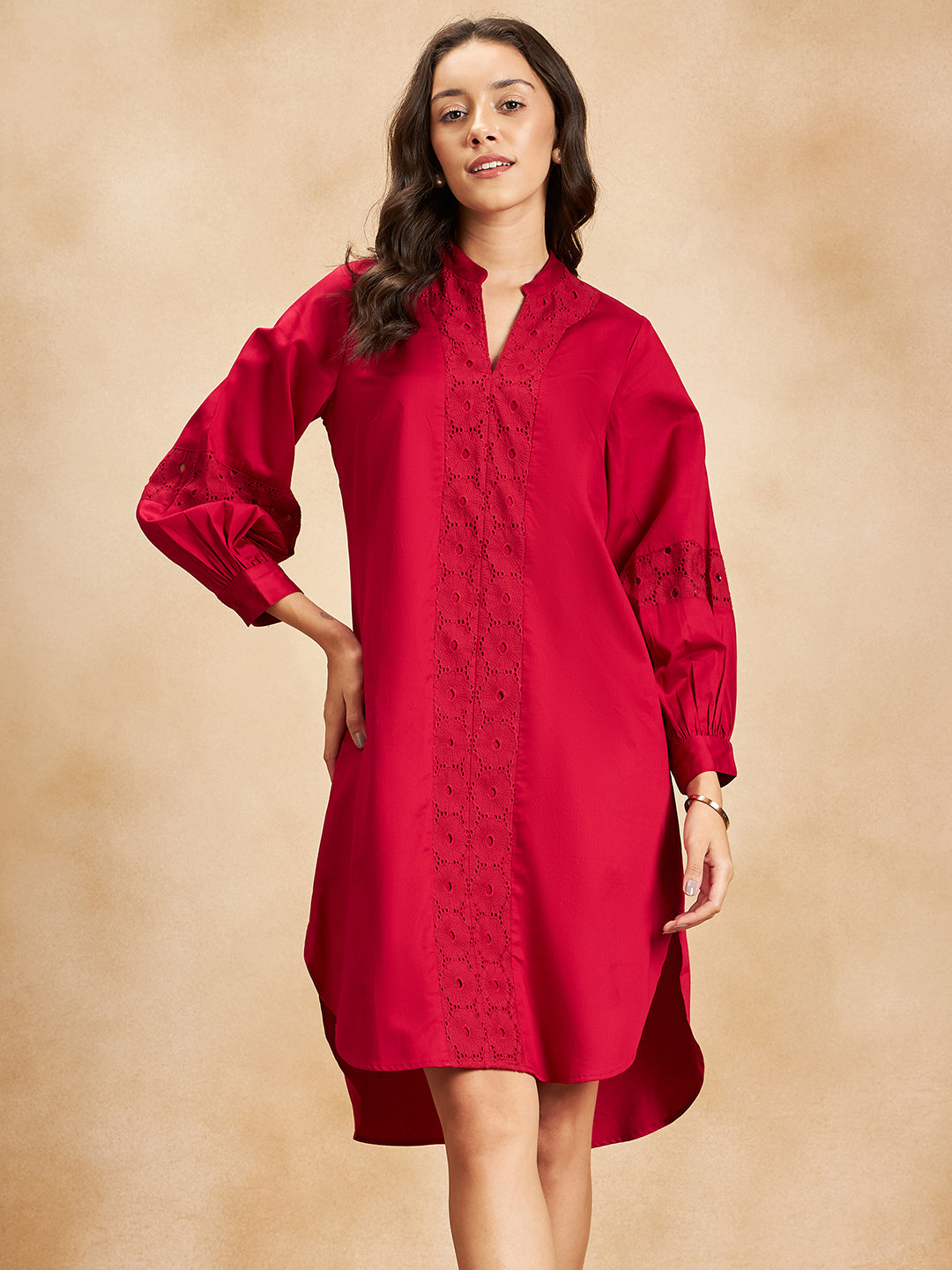 Red Cotton  Shift Midi Dress