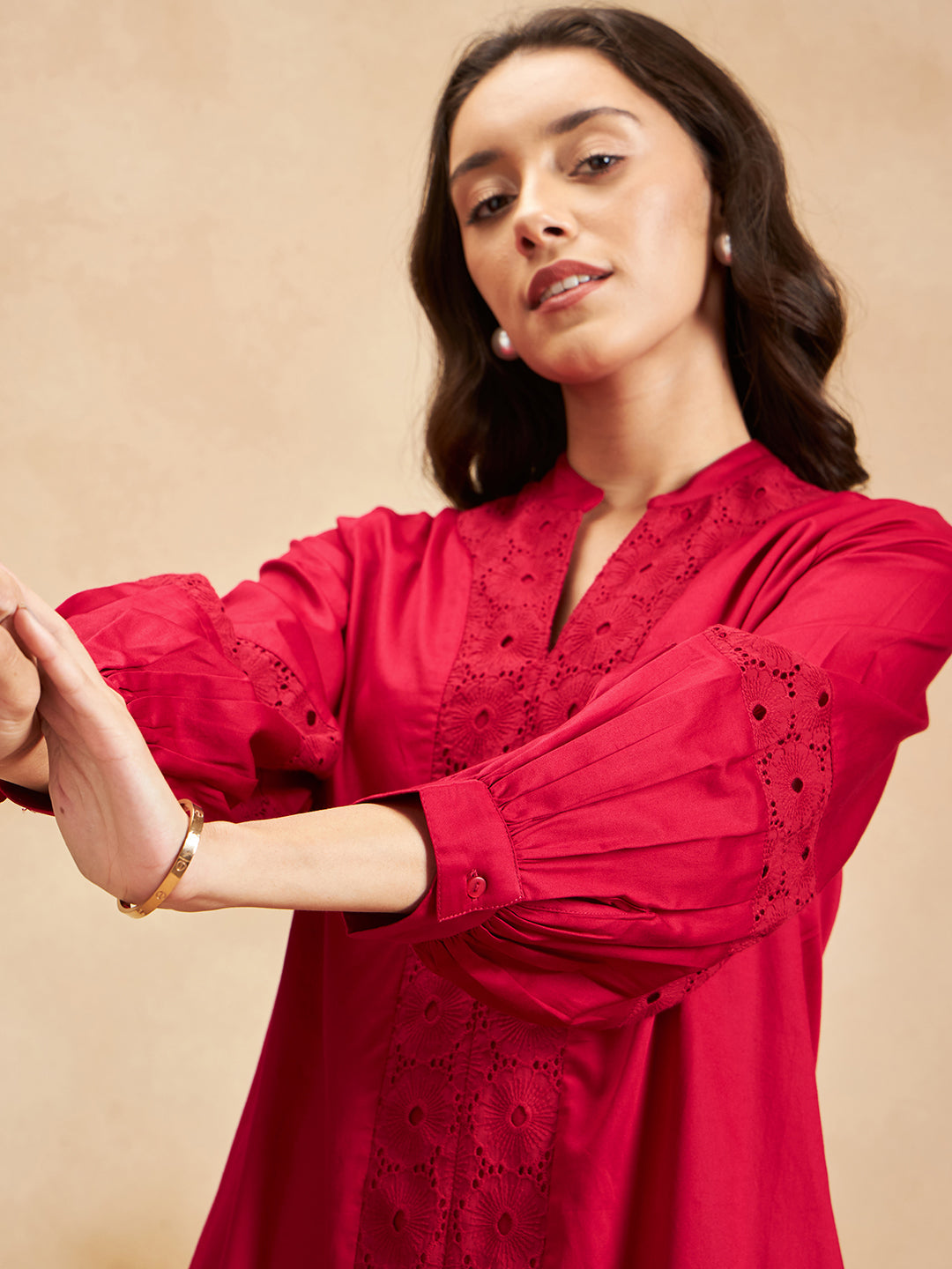 Red Cotton Shift Midi Dress