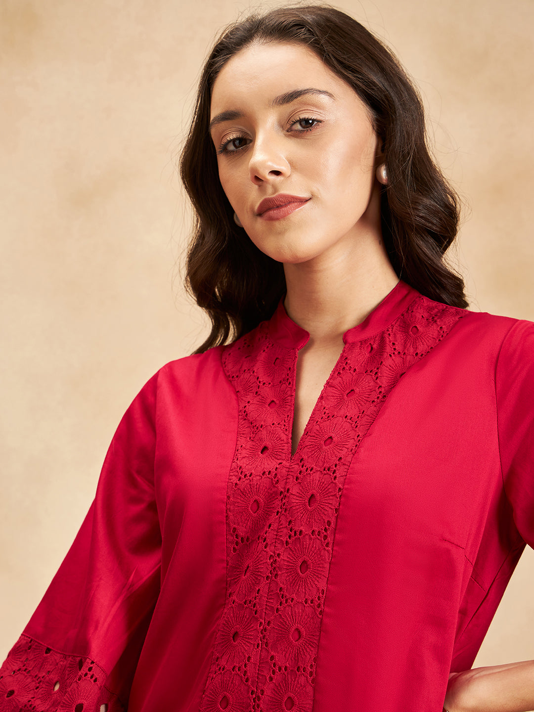 Red Cotton Shift Midi Dress