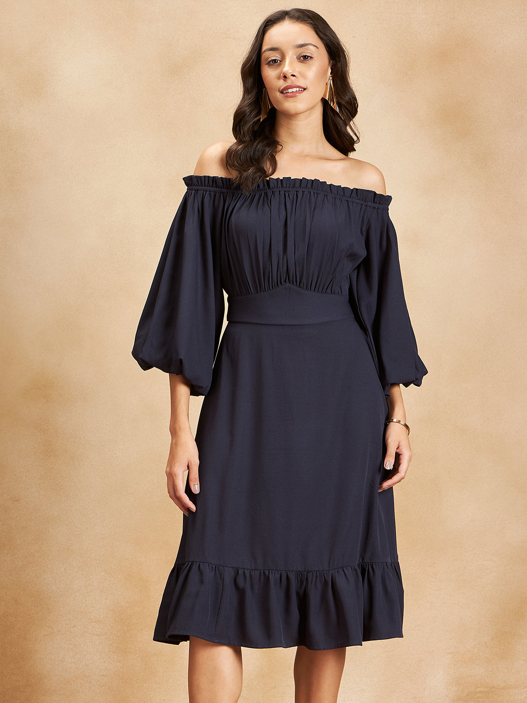 Navy Off Shoulder Tiered Slit Midi Dress