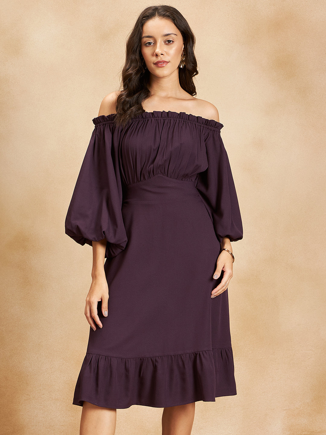 Plum Shoulder Tiered Midi Dress