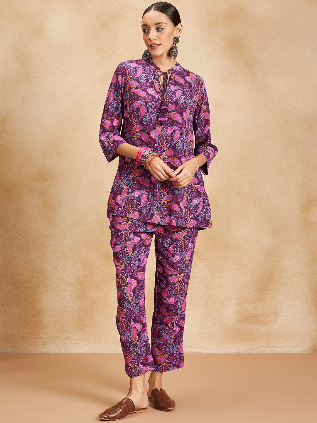 Purple Paisley Printed Tieup Detail Coord Set