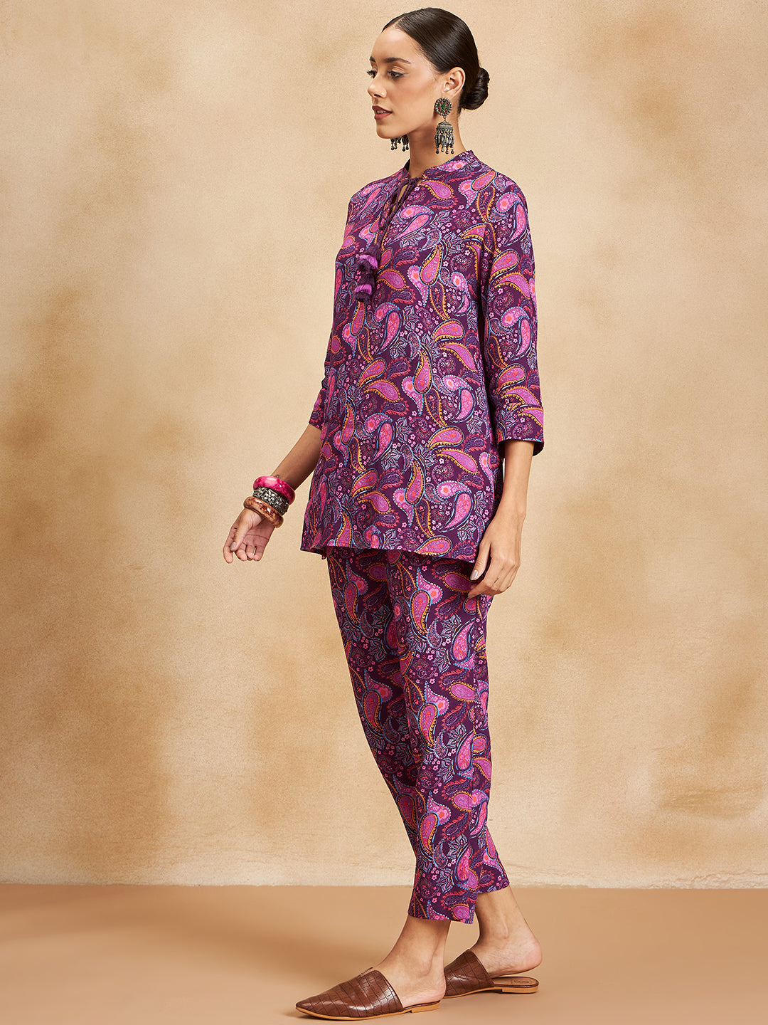 Purple Paisley Printed Tieup Detail Coord Set