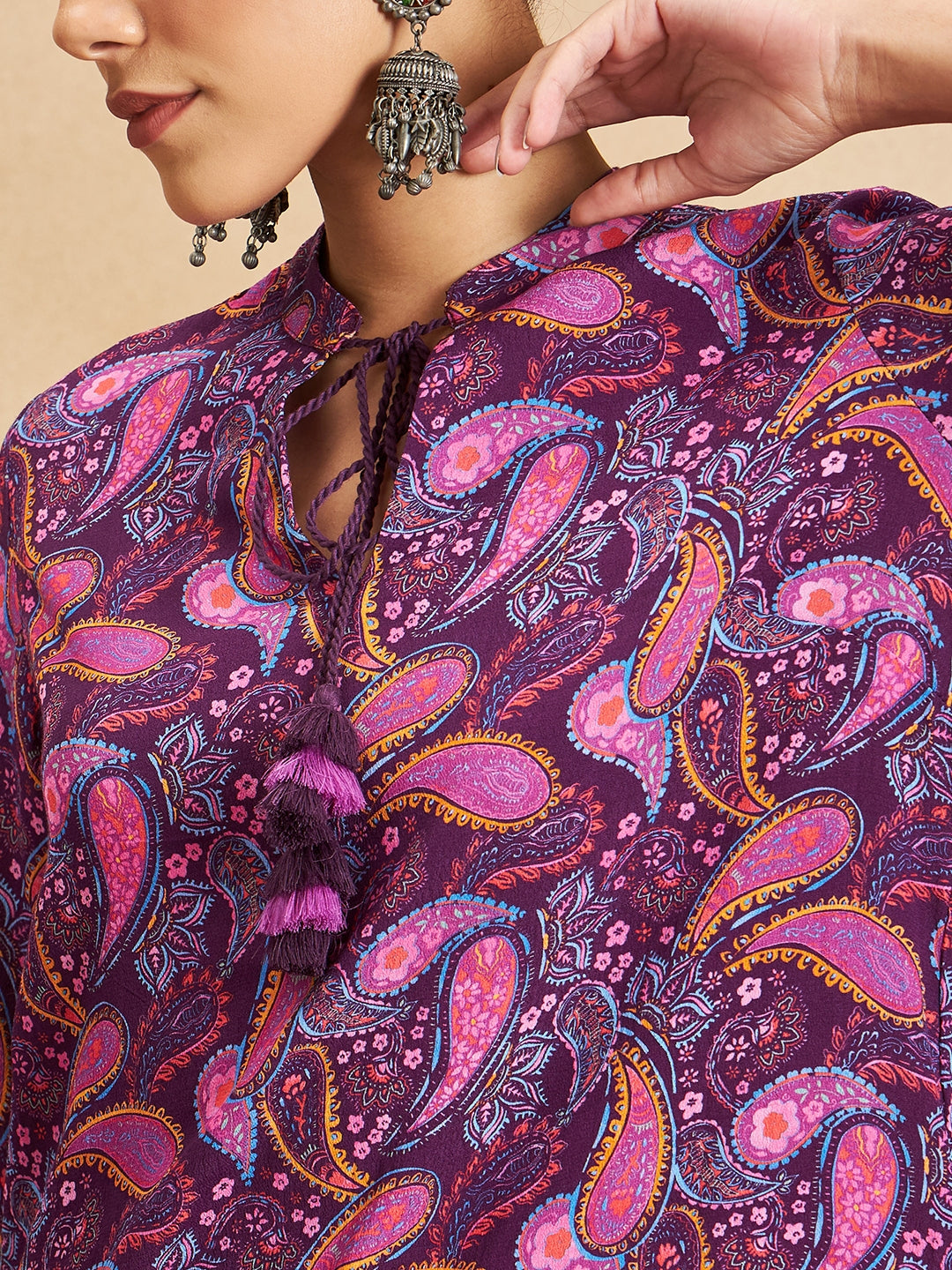 Purple Paisley Printed Tieup Detail Coord Set