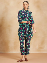 Black Tropical Printed Beaded Button Detail Coord Set