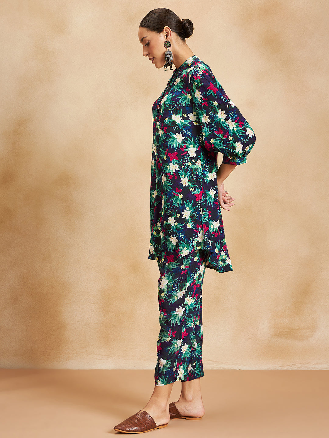 Black Tropical Printed Beaded Button Detail Coord Set