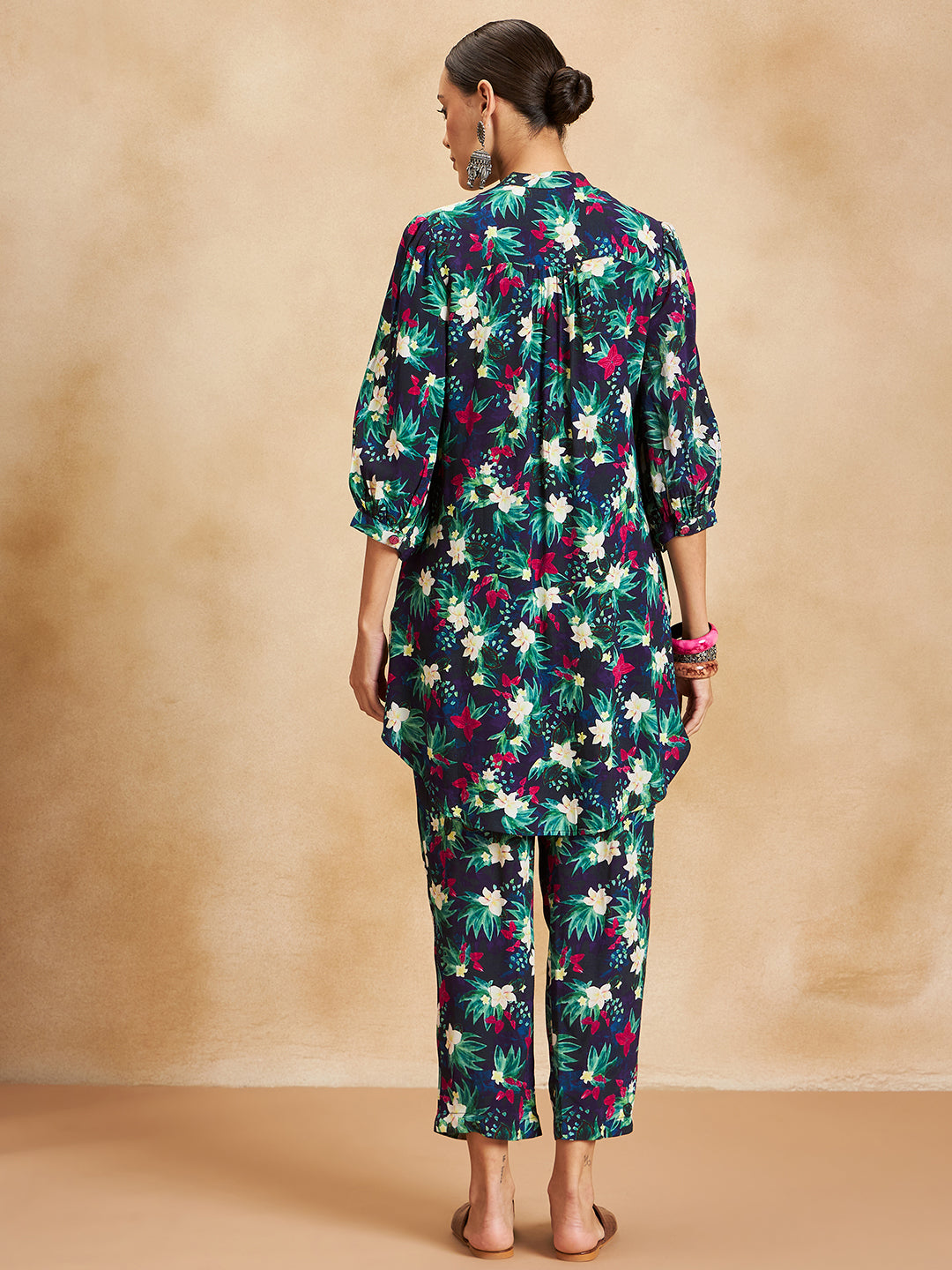 Black Tropical Printed Beaded Button Detail Coord Set