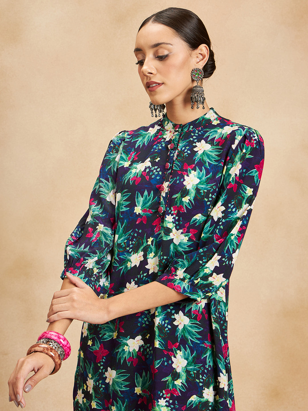 Black Tropical Printed Beaded Button Detail Coord Set