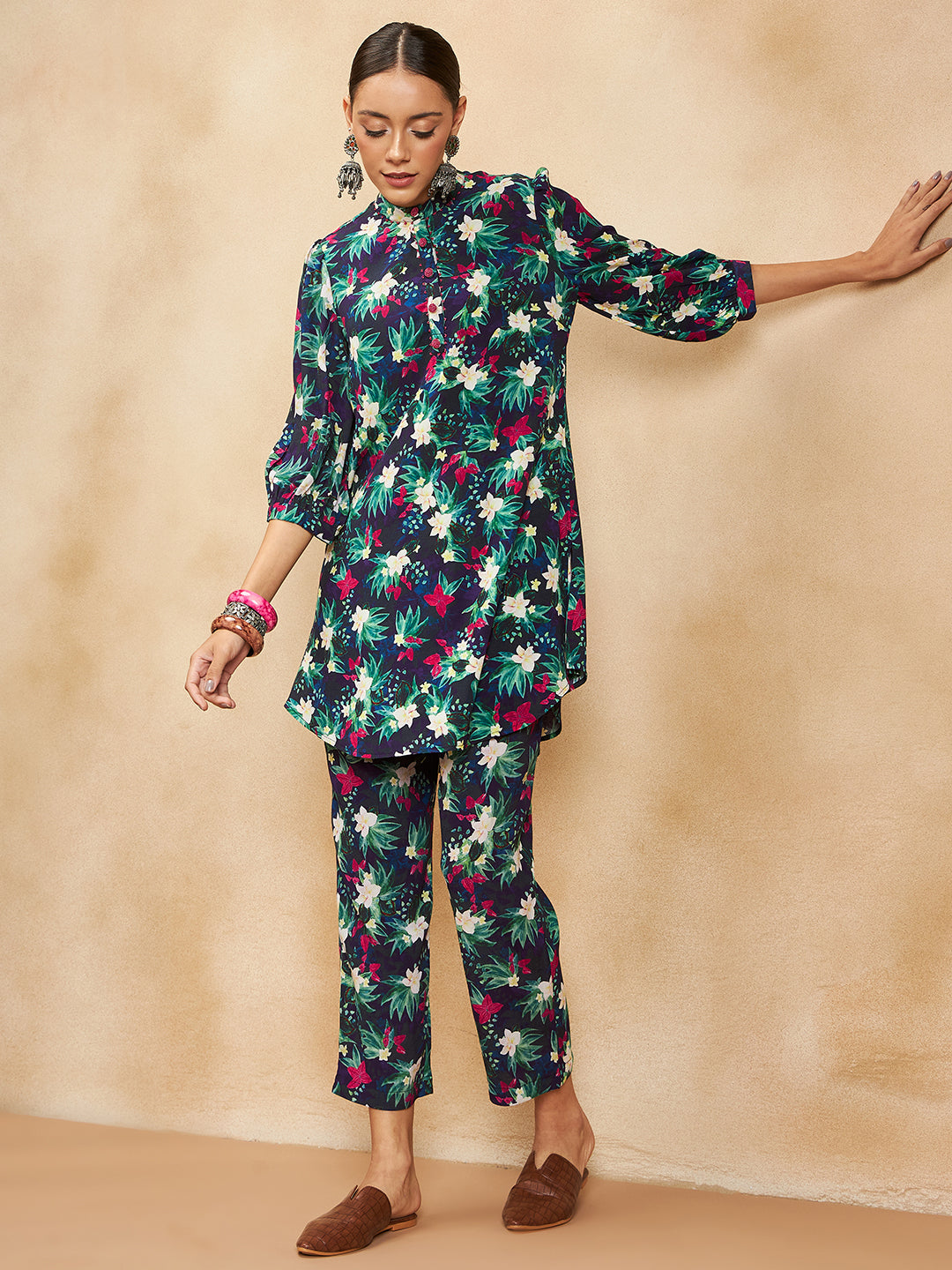 Black Tropical Printed Beaded Button Detail Coord Set