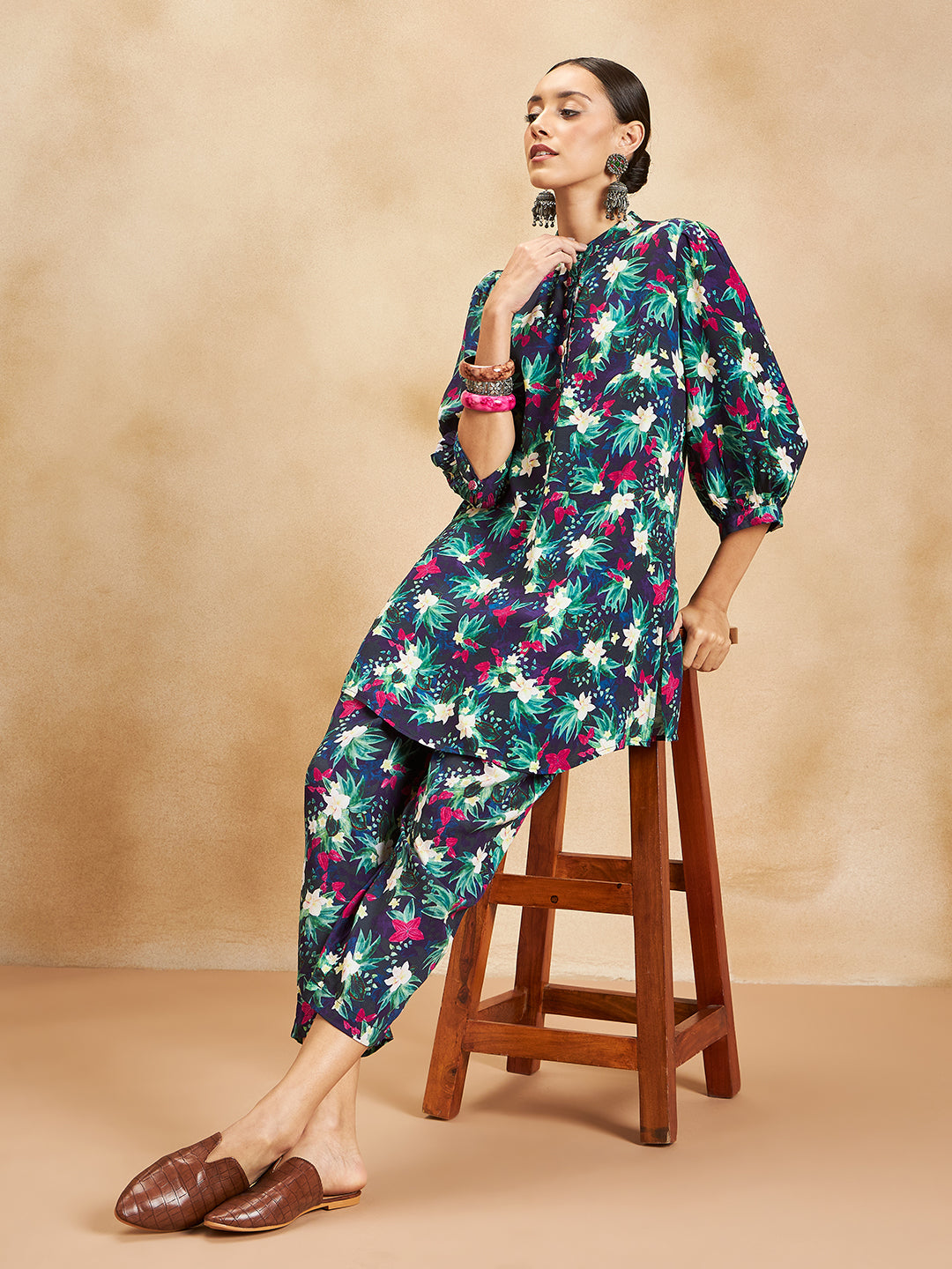 Black Tropical Printed Beaded Button Detail Coord Set