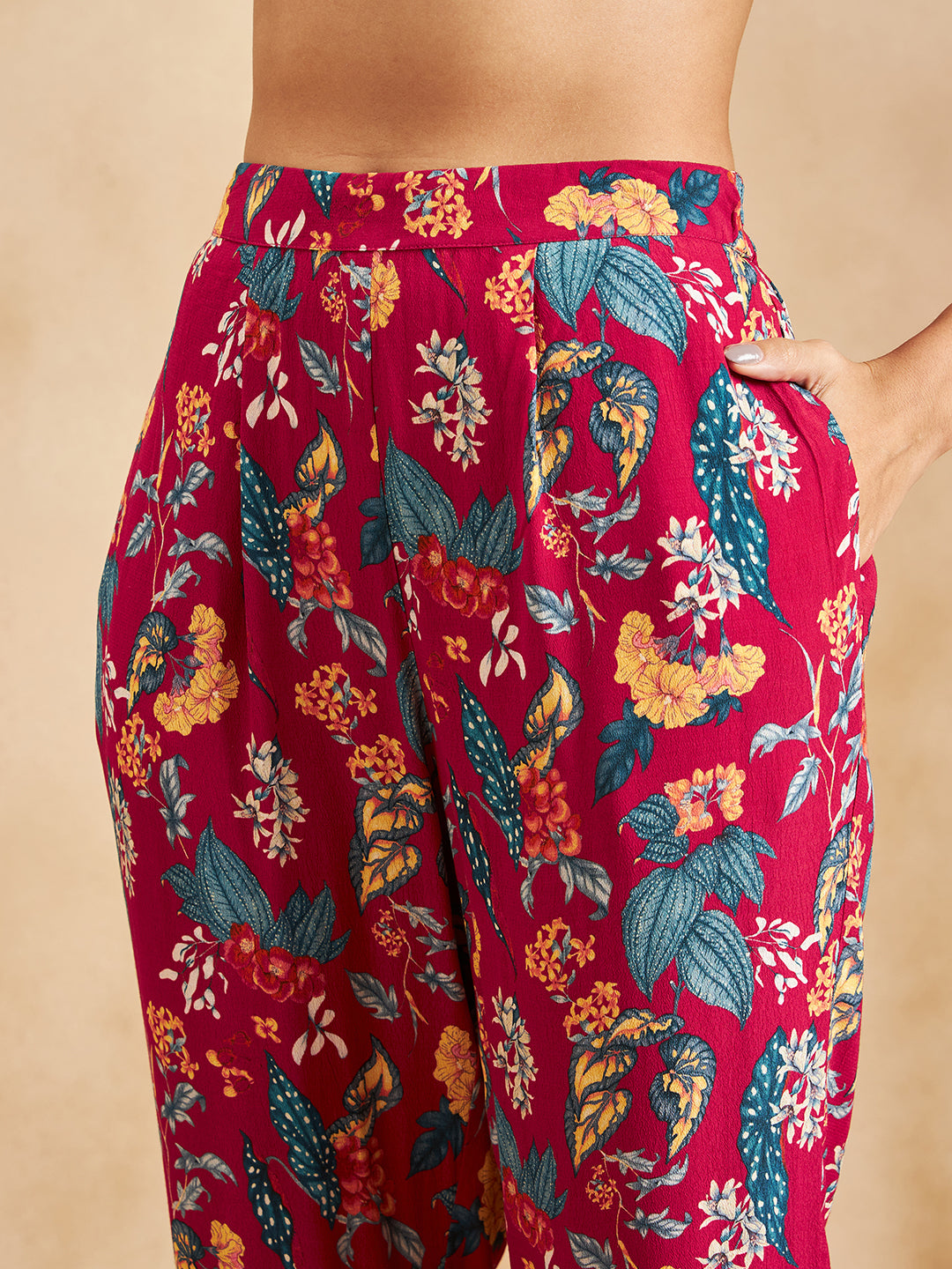 Red Tropical Printed Beaded Button Detail Coord Set