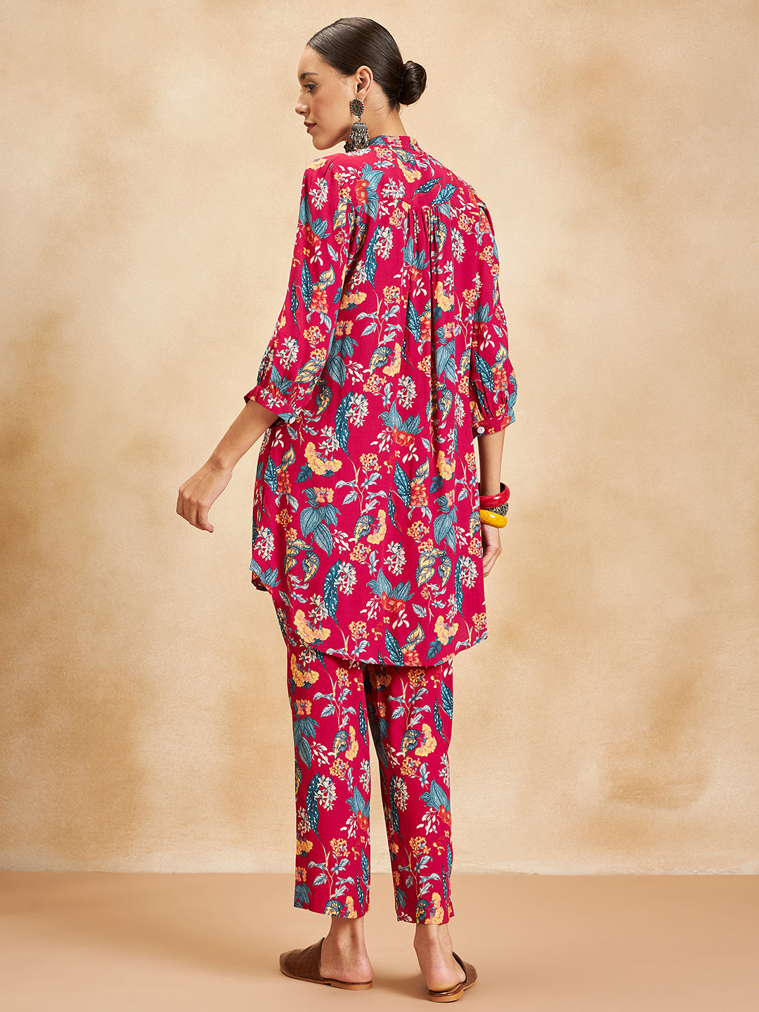 Red Tropical Printed Beaded Button Detail Coord Set