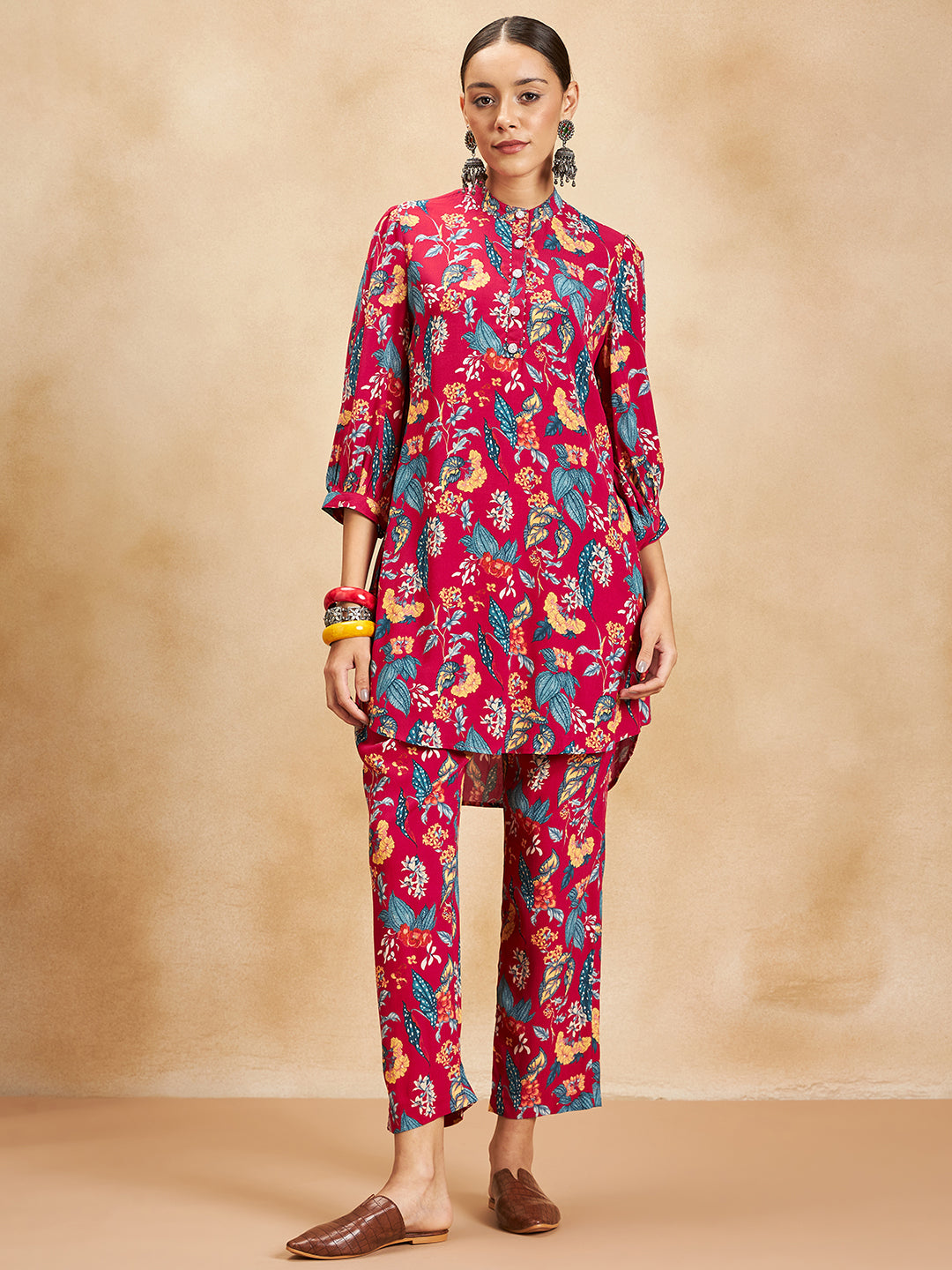 Red Tropical Printed Beaded Button Detail Coord Set