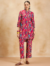 Red Tropical Printed Beaded Button Detail Coord Set