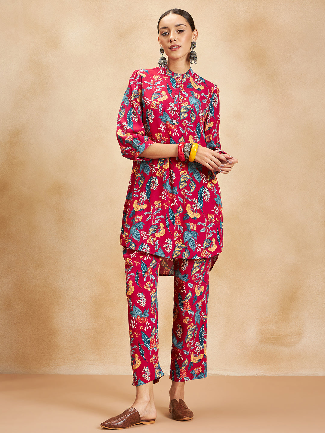 Red Tropical Printed Beaded Button Detail Coord Set