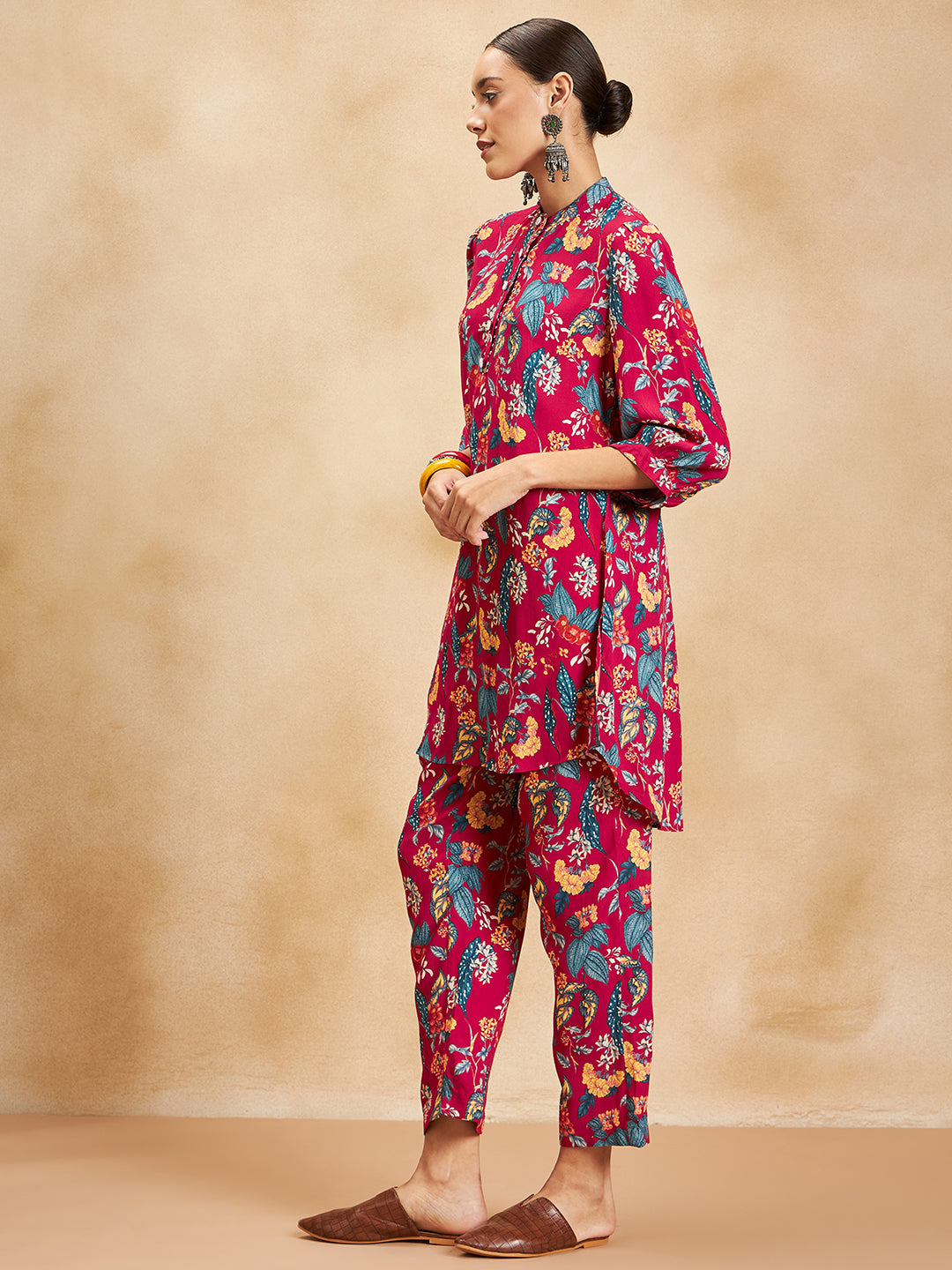 Red Tropical Printed Beaded Button Detail Coord Set