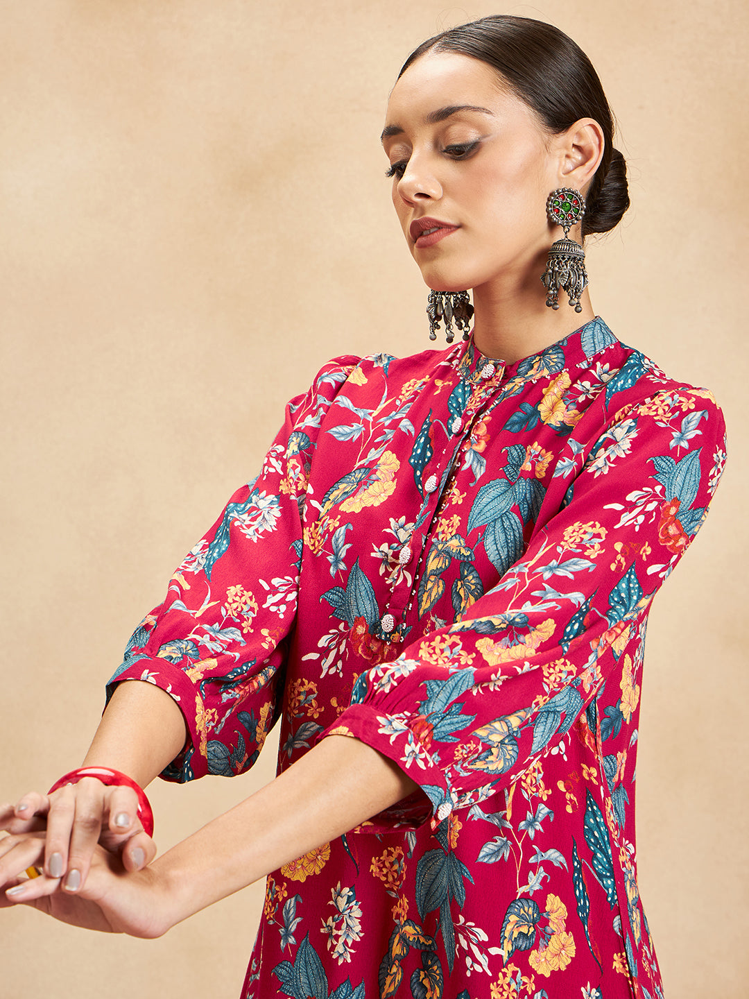 Red Tropical Printed Beaded Button Detail Coord Set