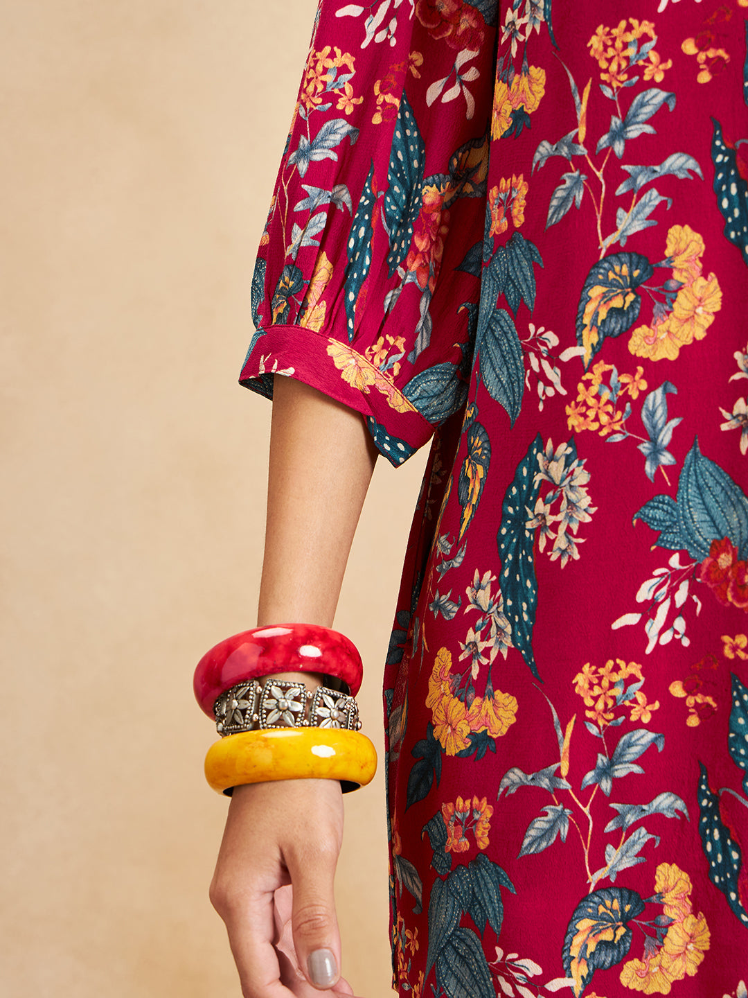 Red Tropical Printed Beaded Button Detail Coord Set