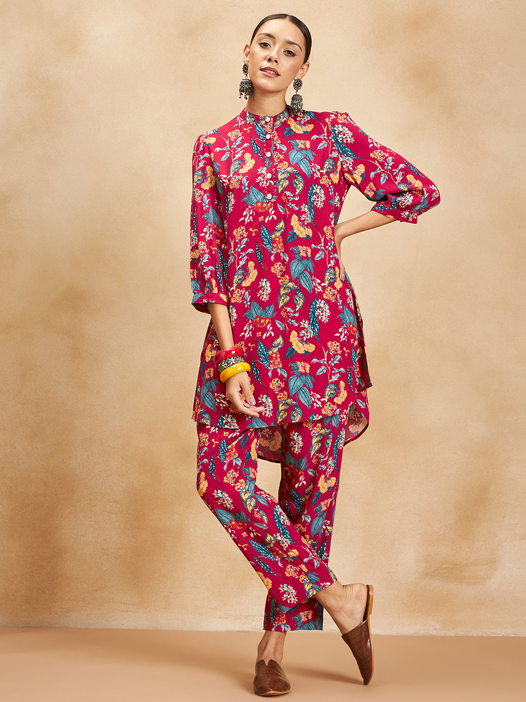 Red Tropical Printed Beaded Button Detail Coord Set