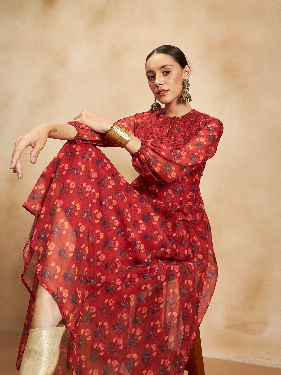 Red Floral Border Printed Yoke Detail Maxi Dress