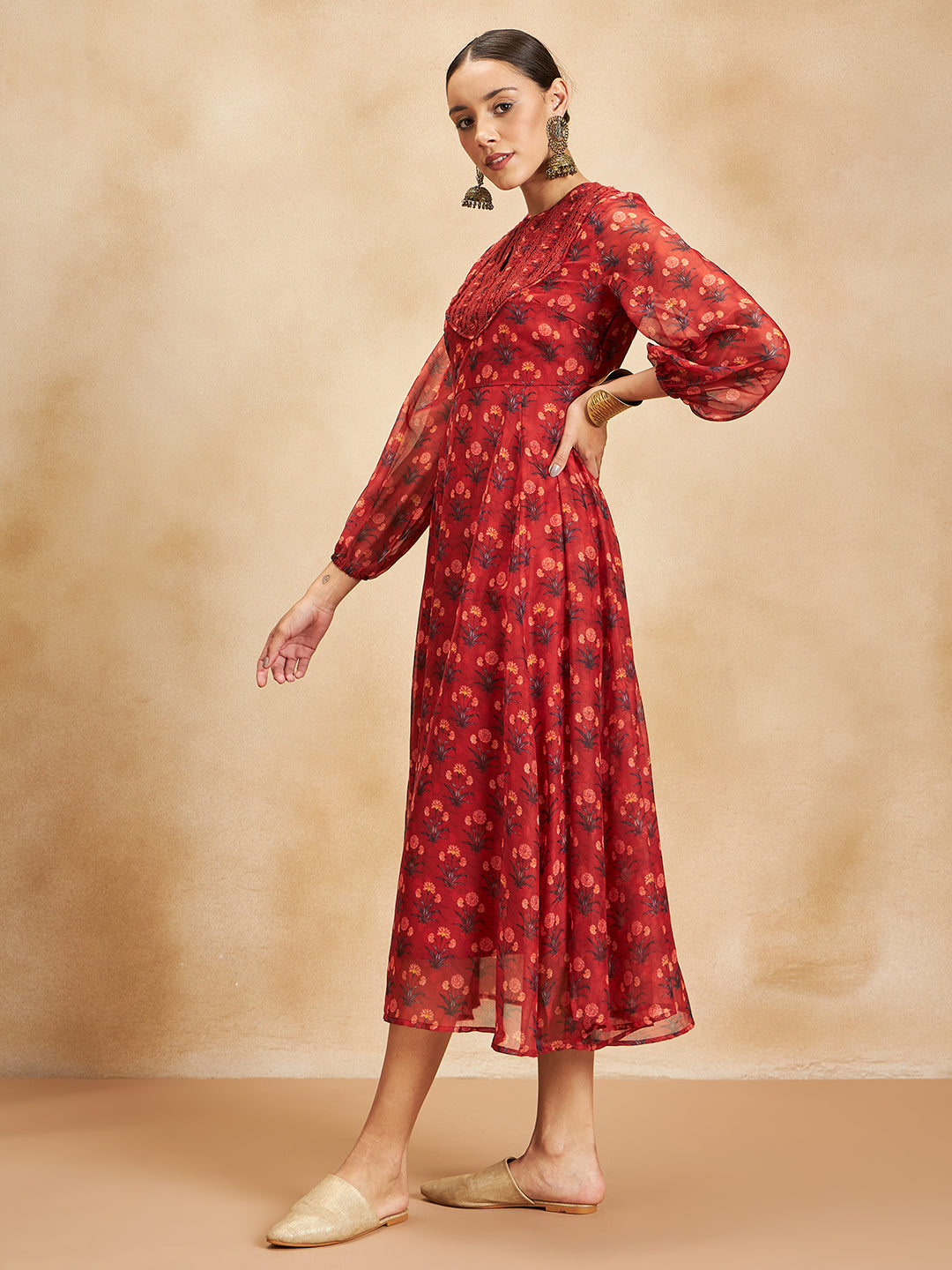 Red Floral Border Printed Yoke Detail Maxi Dress