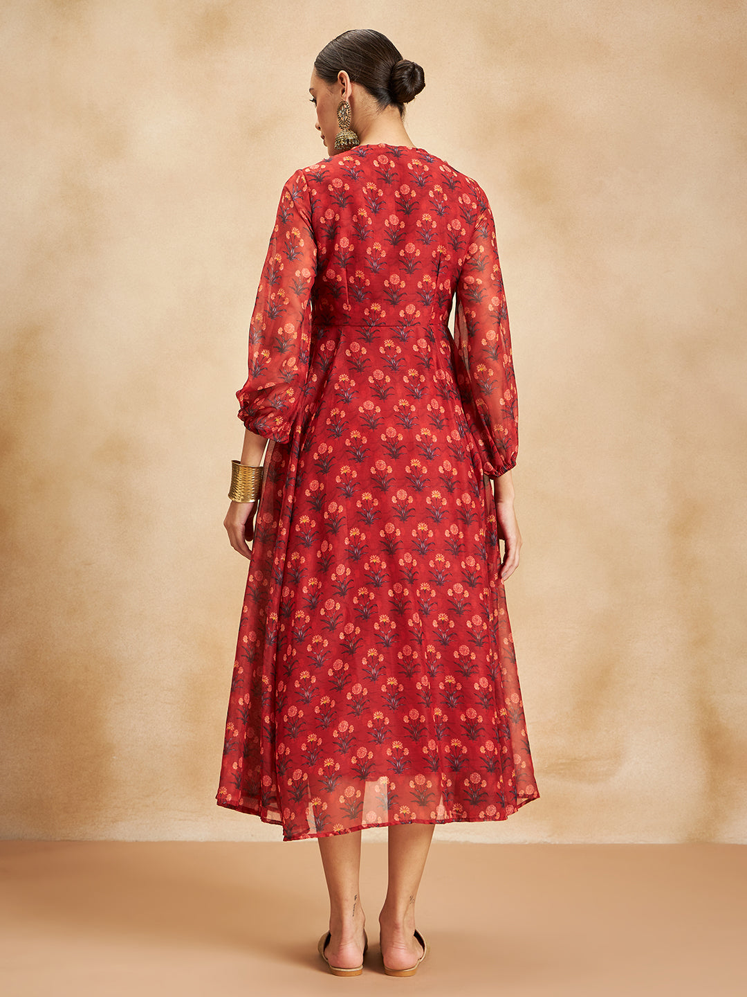 Red Floral Border Printed Yoke Detail Maxi Dress