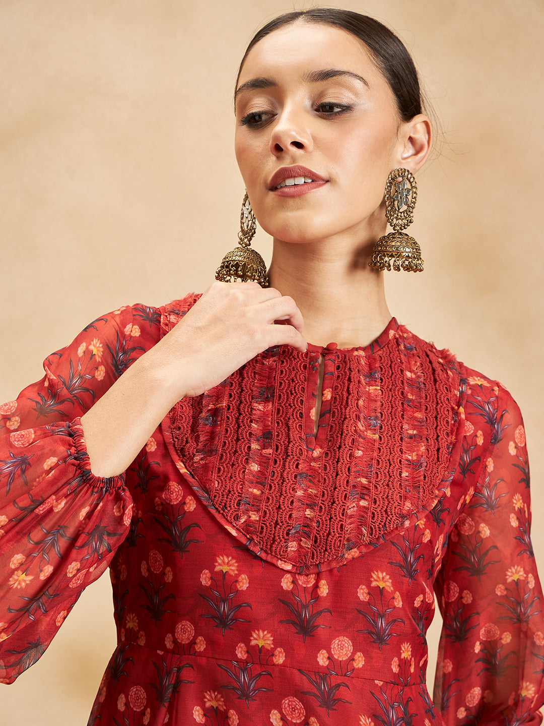 Red Floral Border Printed Yoke Detail Maxi Dress