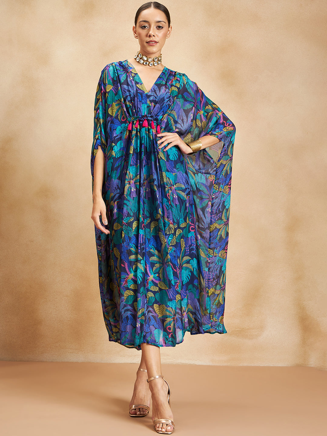 Blue Tropical Printed Tassel Detail Kaftan