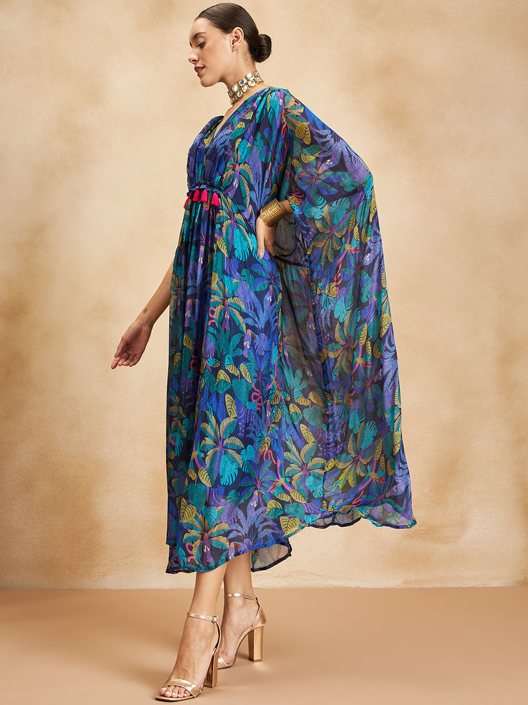 Blue Tropical Printed Tassel Detail Kaftan