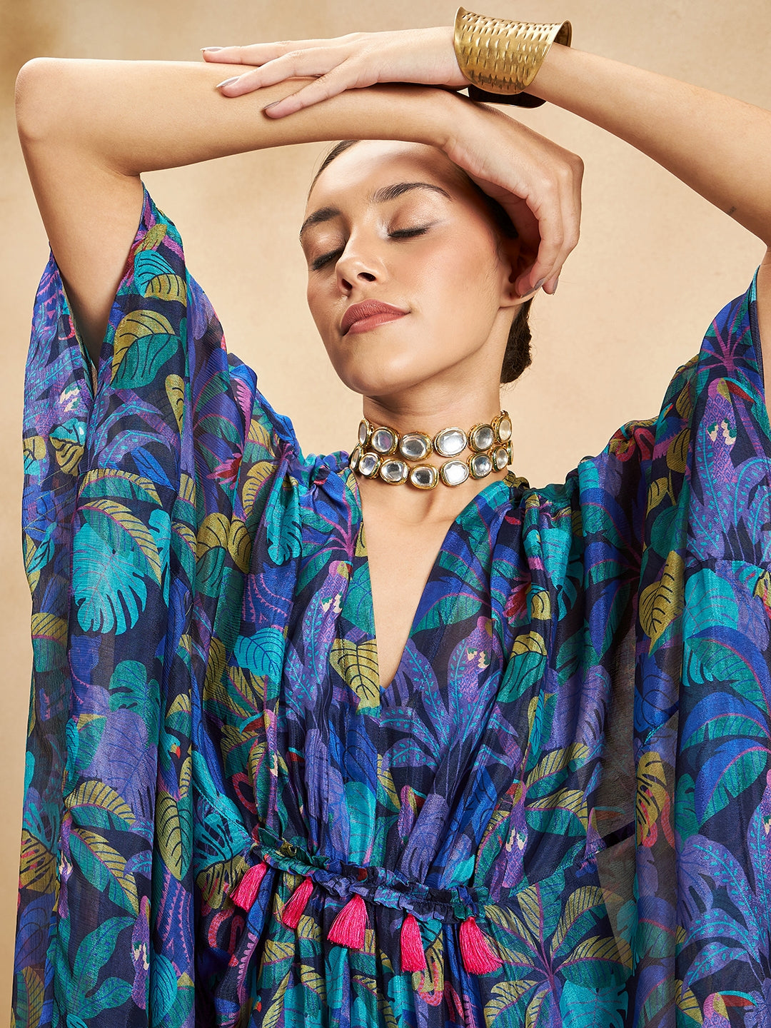 Blue Tropical Printed Tassel Detail Kaftan