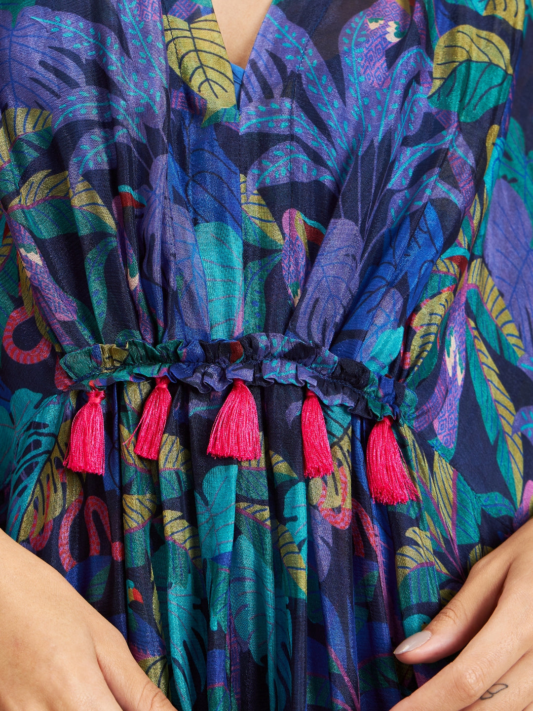 Blue Tropical Printed Tassel Detail Kaftan