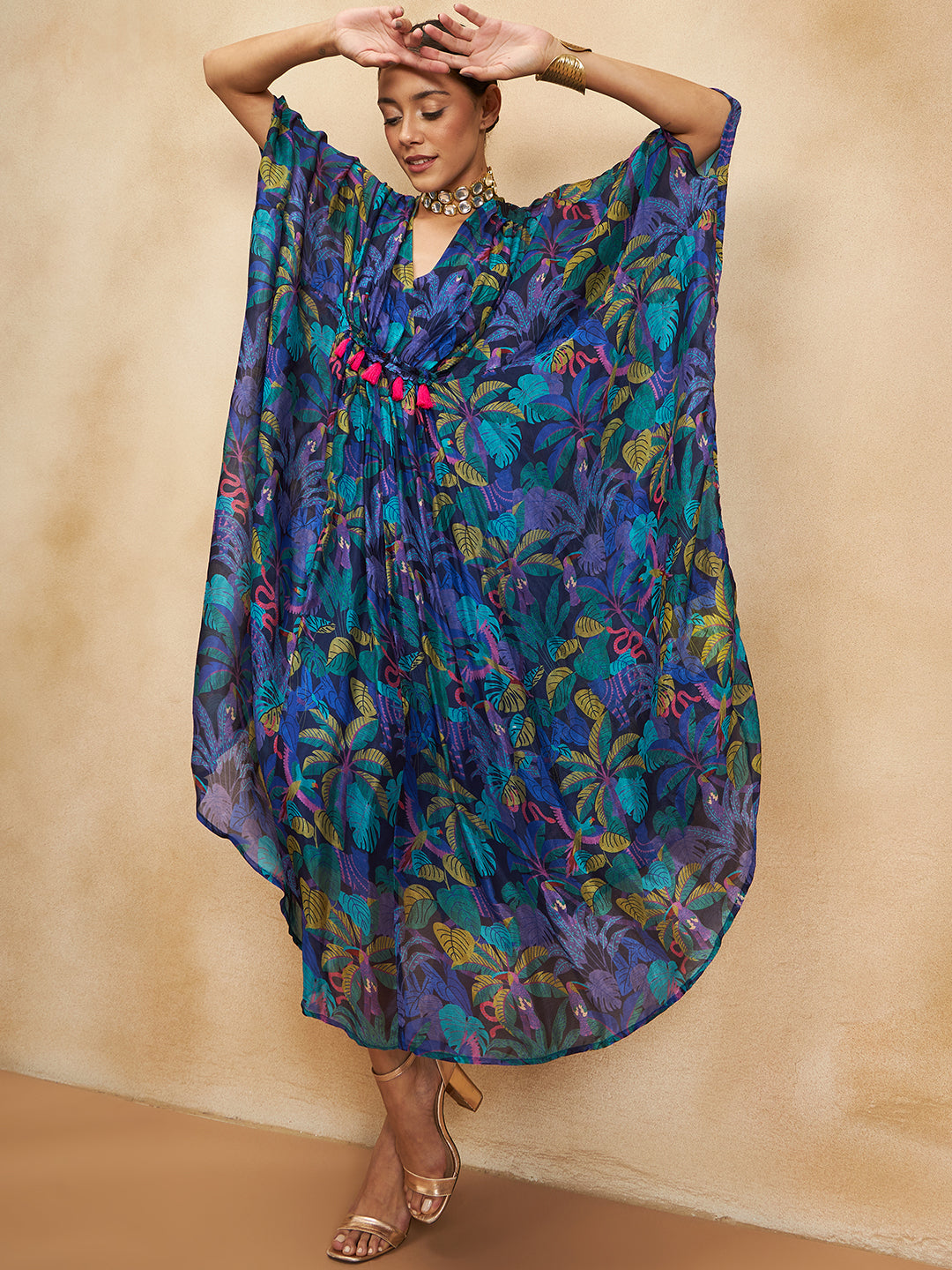 Blue Tropical Printed Tassel Detail Kaftan
