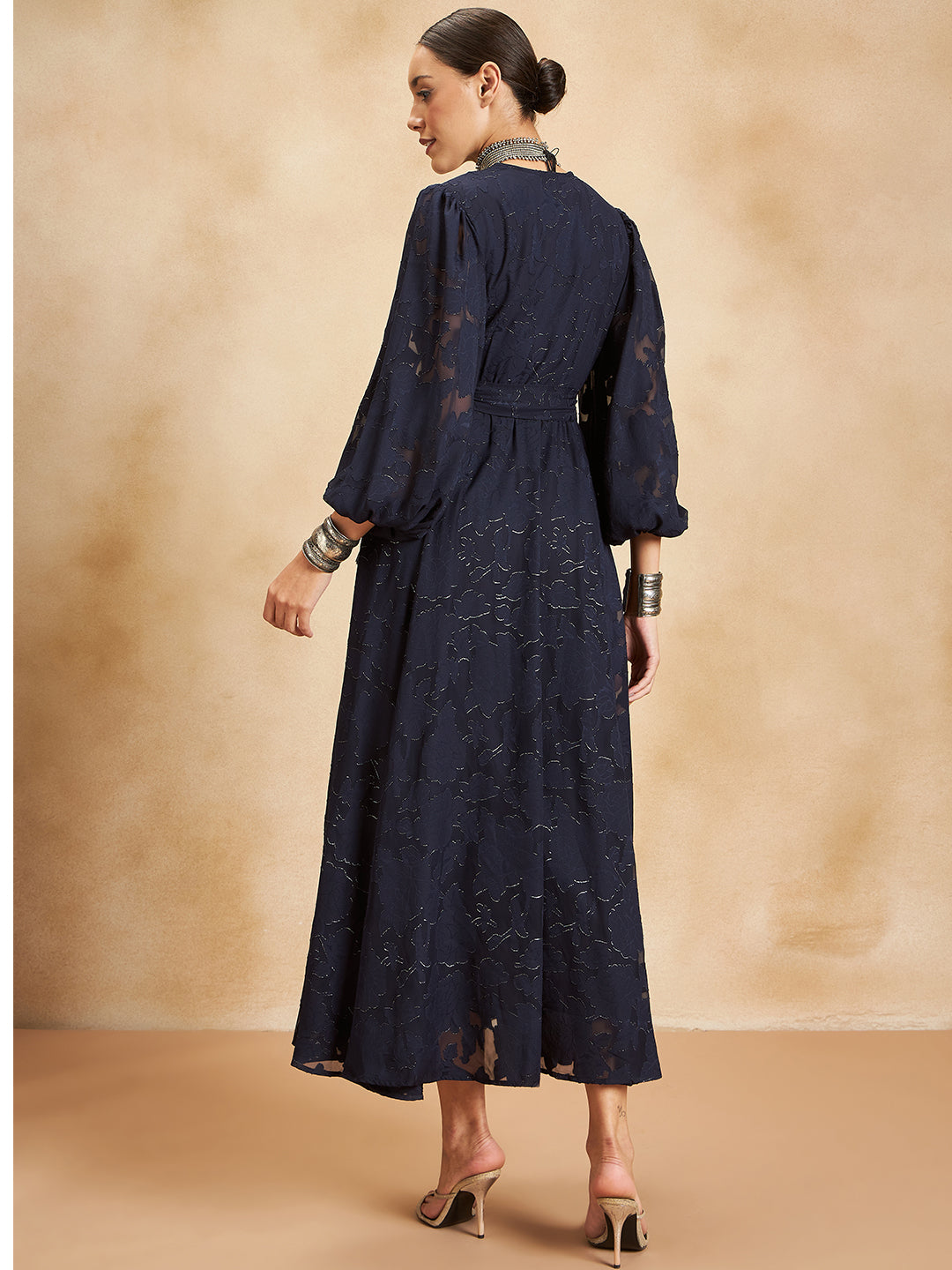 Navy Jacquard Lurex Wrap Maxi Dress