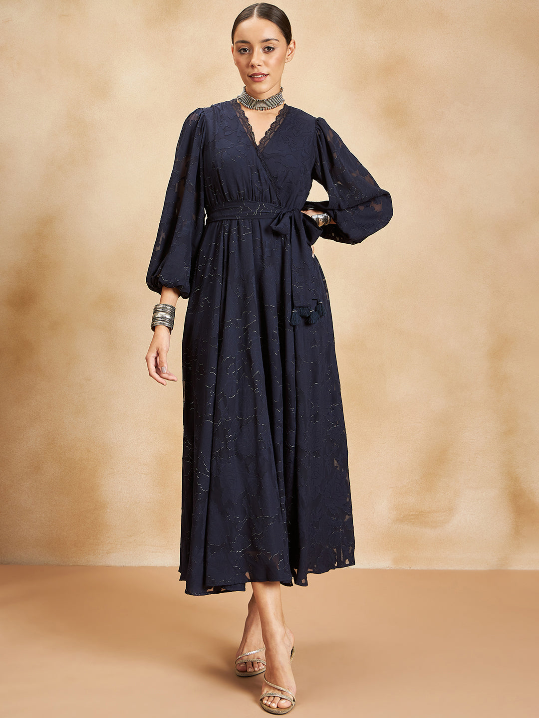 Navy Jacquard Lurex Wrap Maxi Dress