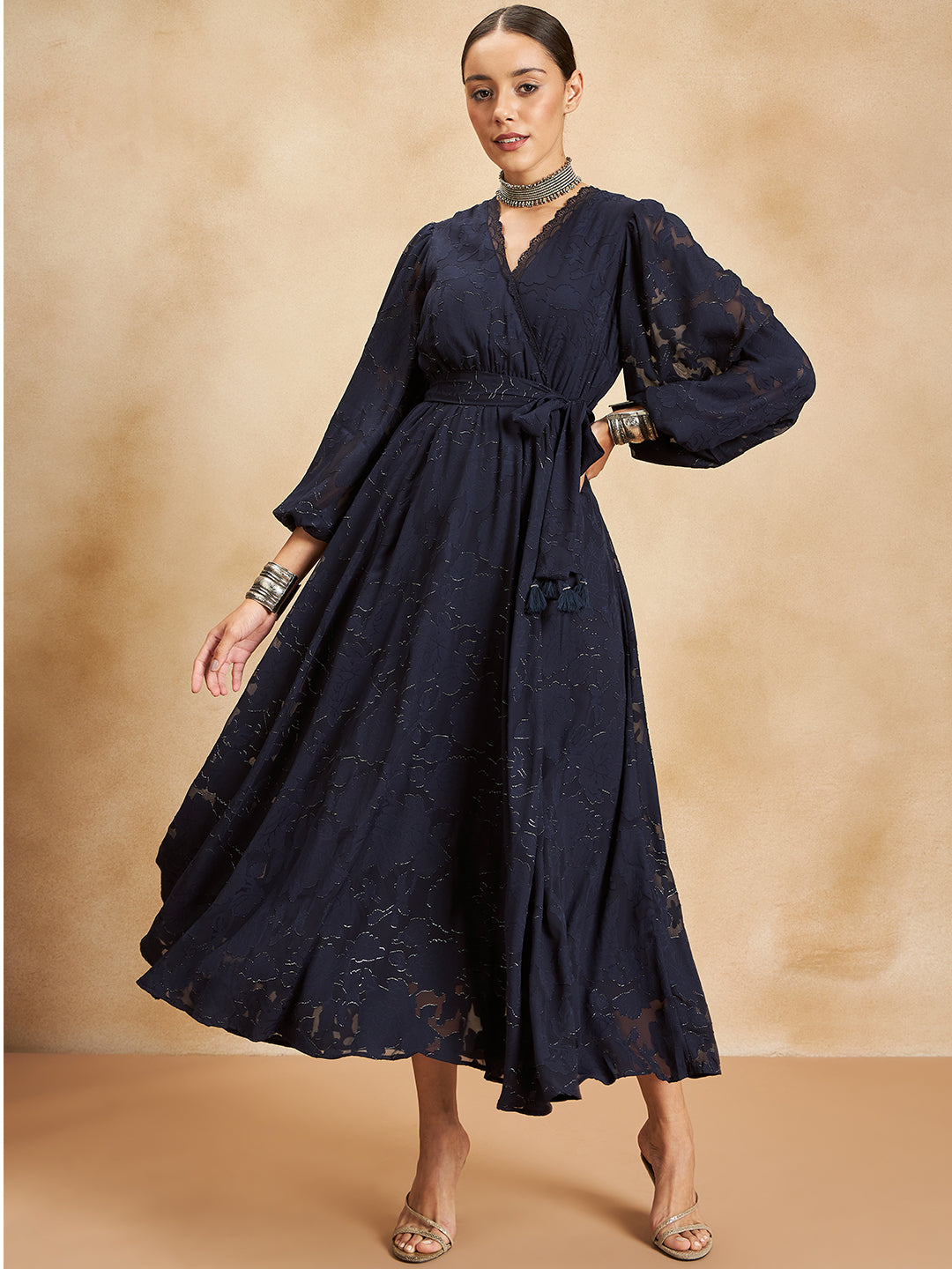 Navy Jacquard Lurex Wrap Maxi Dress