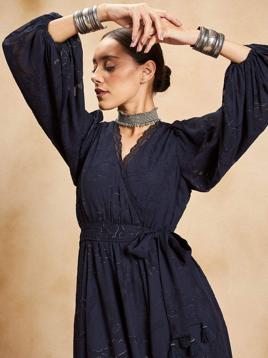 Navy Jacquard Lurex Wrap Maxi Dress