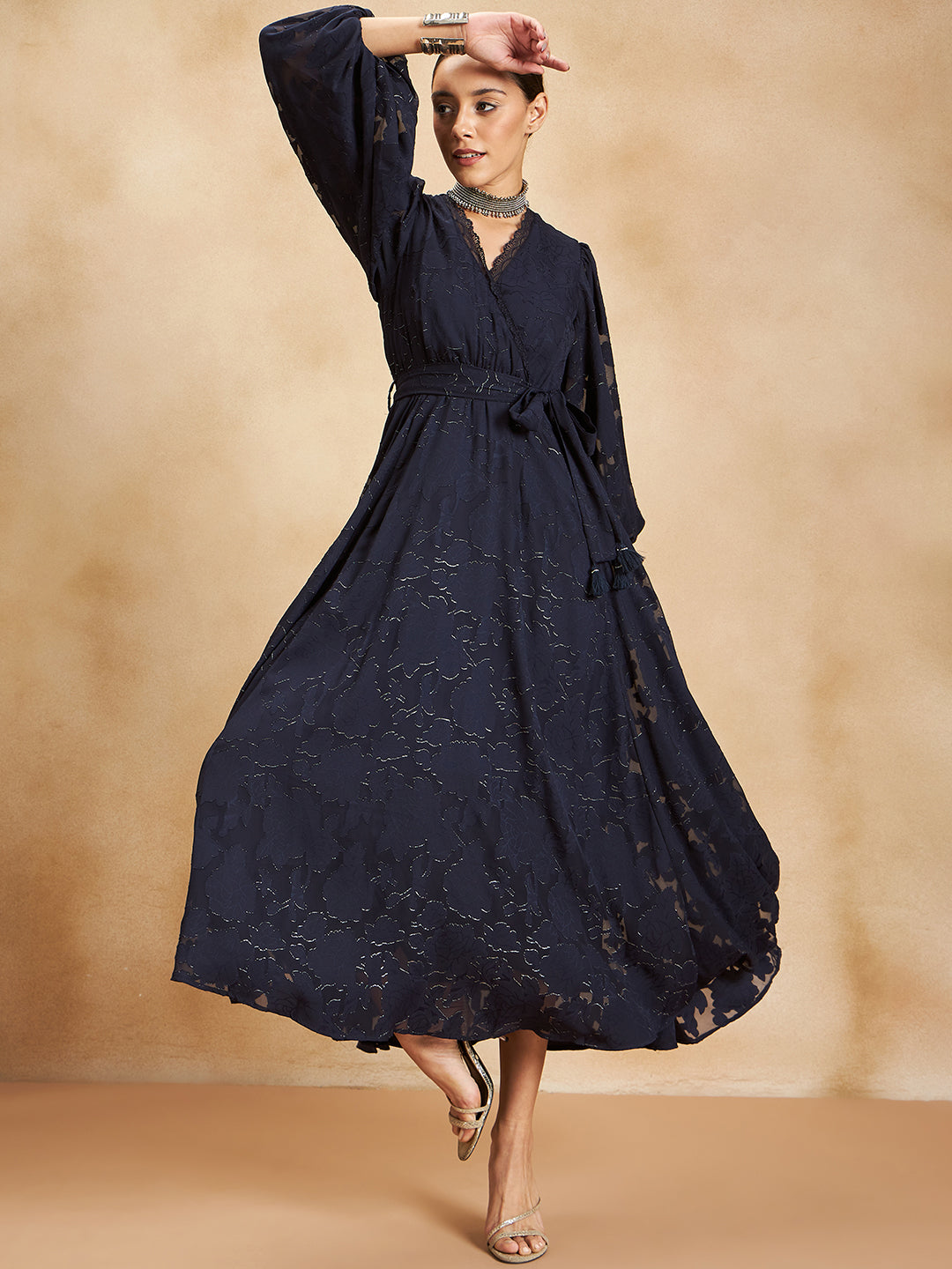 Navy Jacquard Lurex Wrap Maxi Dress