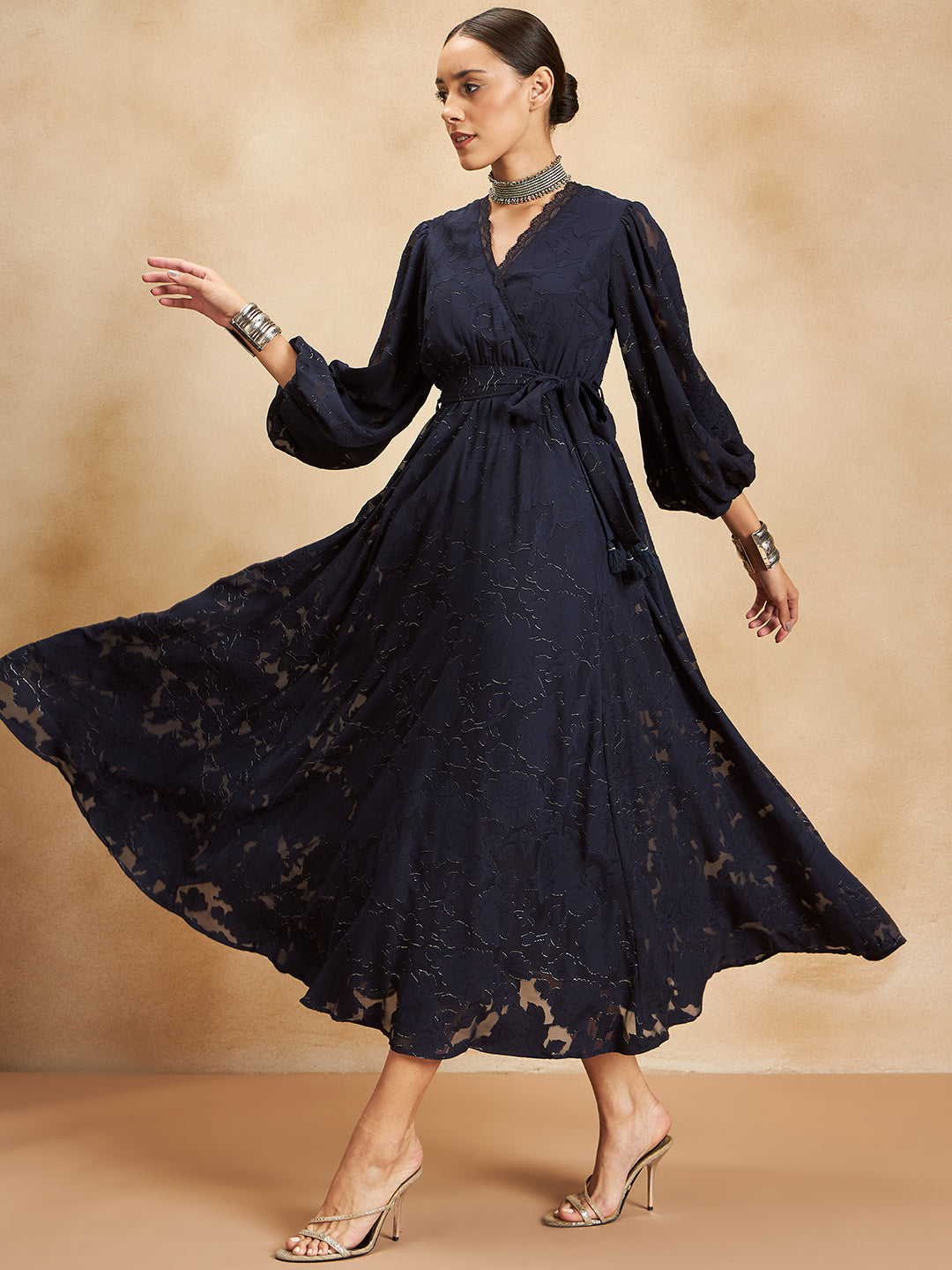 Navy Jacquard Lurex Wrap Maxi Dress