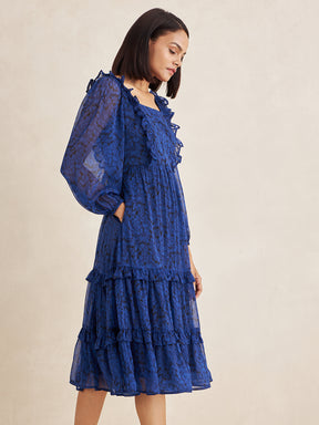 Blue Printed Tiered Midi Dress