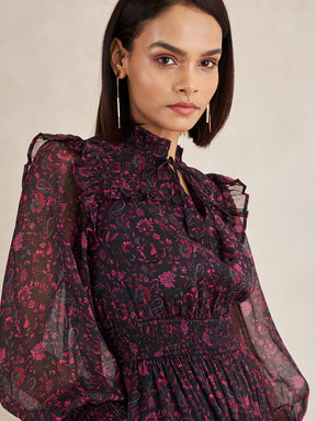 Black Floral Print Ruffle Detail Maxi Dress