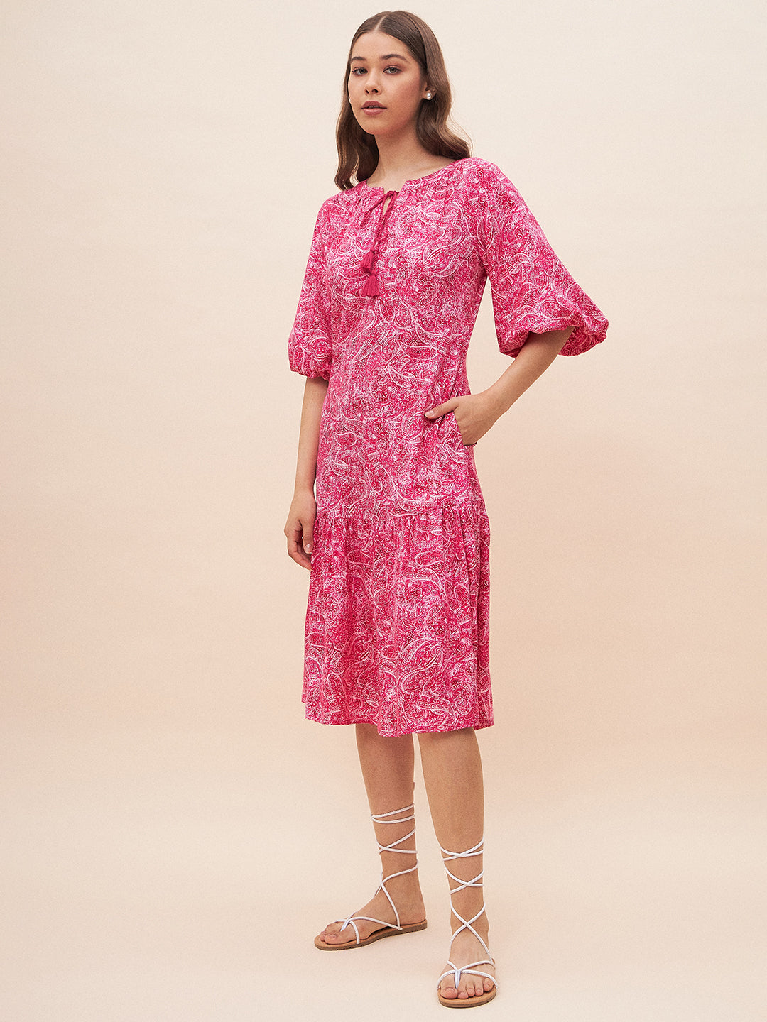 Pink Paisley Print Tiered Midi Dress